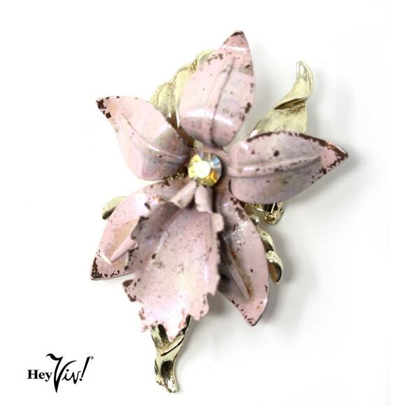 Vintage Pink Enamel Flower Pin w Touch of Gold 3D Petals 2 5/8" Long - Hey Viv - Picture 1 of 3